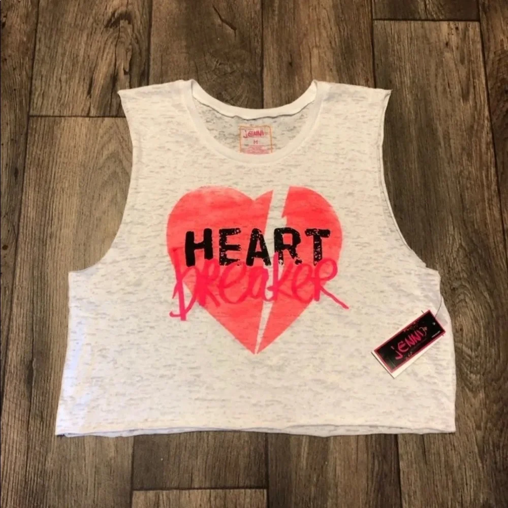 Heart Breaker Graphic Crop Tank Top Pink White Yoga Gym Workout Shirt NWT Small - Picture 2 of 3